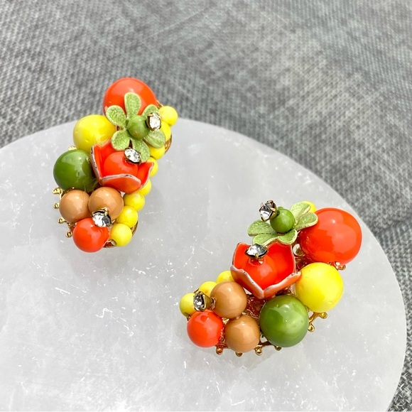 VINTAGE Fruit Cocktail Enamel Rhinestone Flower Earrings 1950s Showgirl - Picture 5 of 6